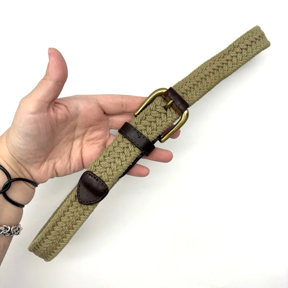 Vintage 90s Dockers 2593 Beige Woven Cotton Brown Leather Brass Buckle Belt 32